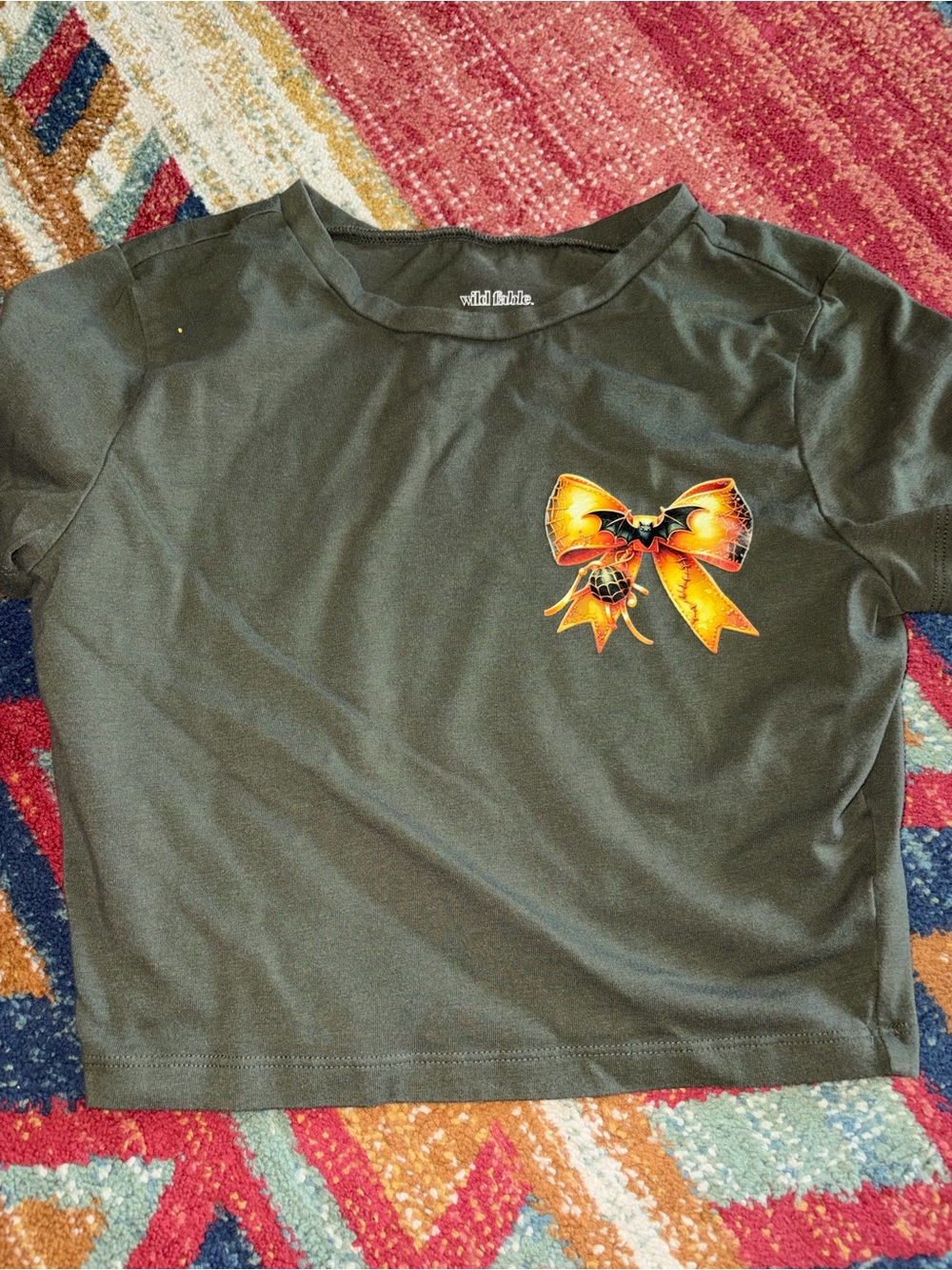 wild fable Black Crop Top with Orange Bow and Bat Motif